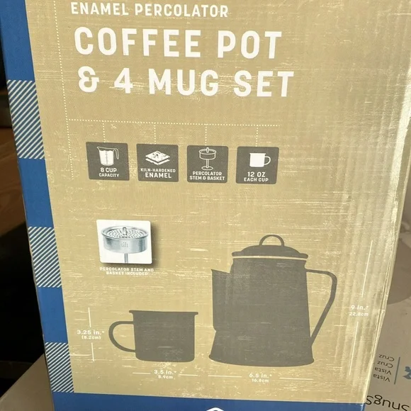 Blue Enamel Percolator Coffee Pot & Mug Set - Picture 2 of 3